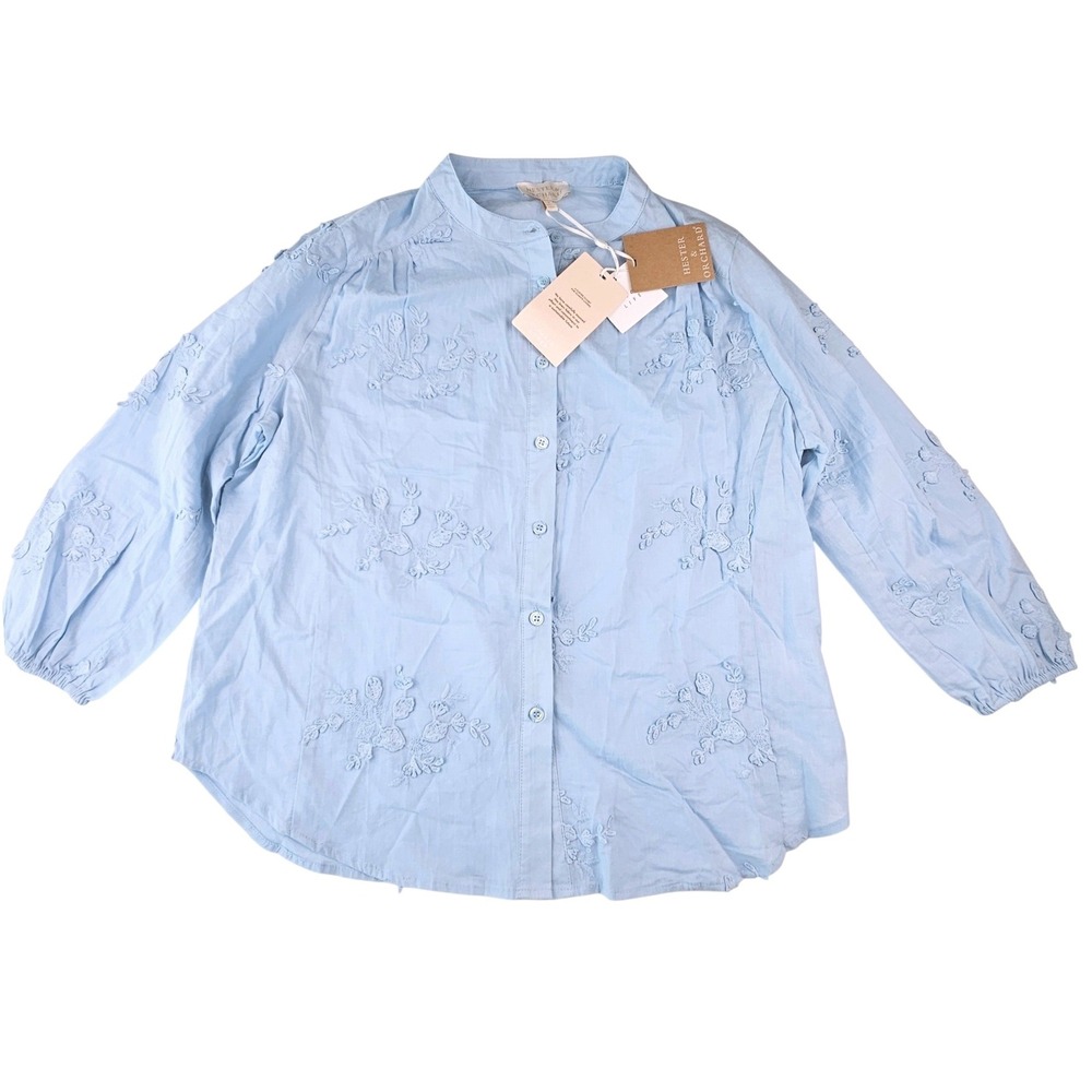 Hester & Orchard Blue Floral Embroidered Cotton Button Down Top S AF360001